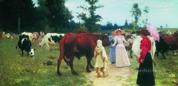 Ilya Repin Painting - young ladys walk among herd of cow Ilya Repin